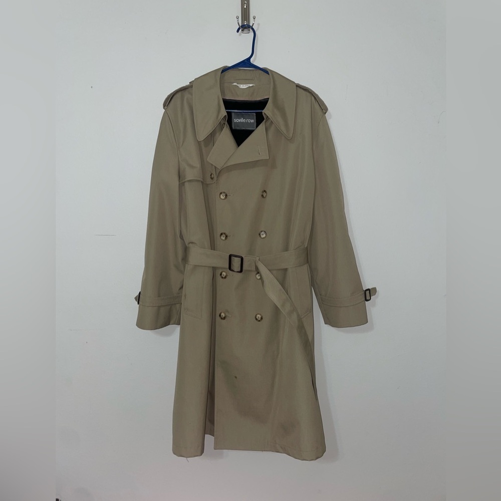 Vintage Savile Row Mens‎ Trench Coat Belted Fur Lining Khaki Sz 46